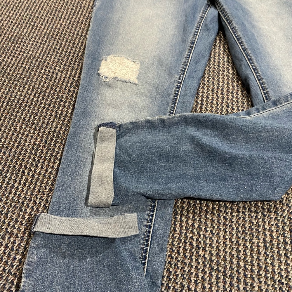 Justice lace embellished overalls. Size 18 MidRise Super Skinny. Distressed/lace - Picture 4 of 11